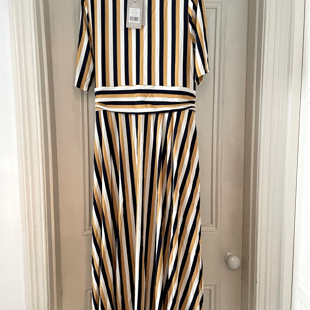 Boden Ruched Waist Jersey Midi Dress (J0625) - Navy White Yellow Stripe - 18 L - Picture 3 of 4